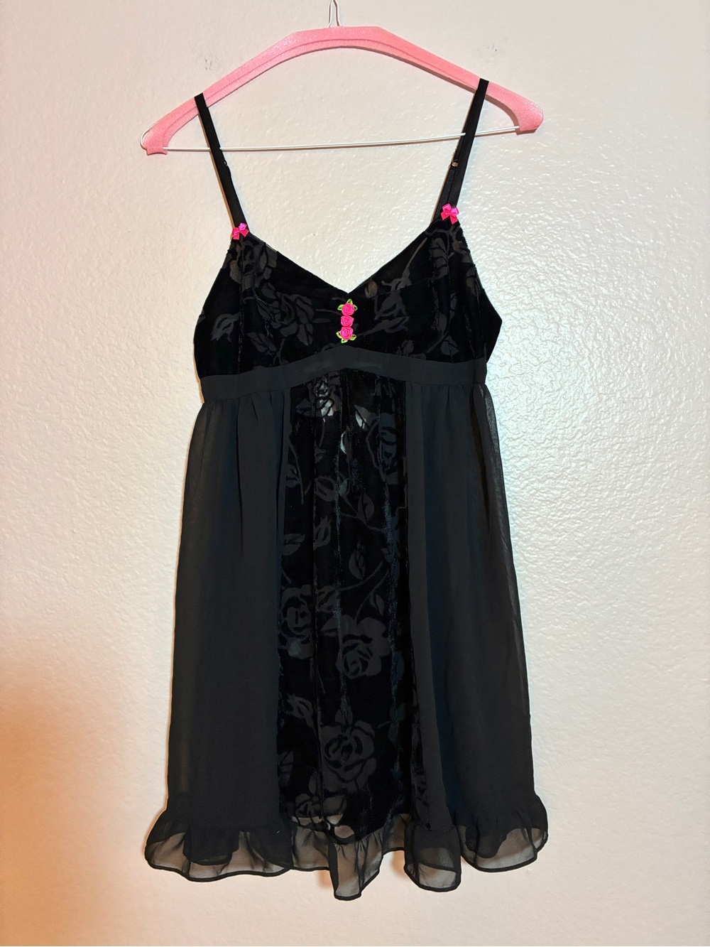 Betsey Johnson Black Velvet Burnout Sheer Babydoll Chemise Pink Roses Size S